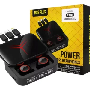 auriculares bt con cargador portatil, tres cables